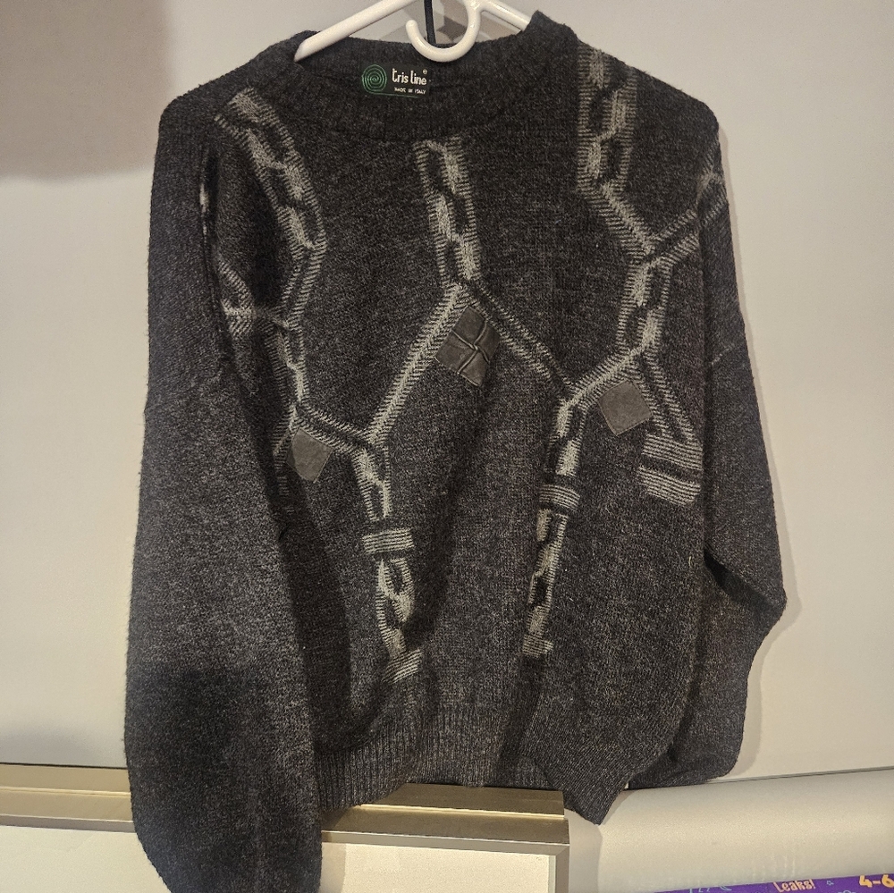Vtg Tris Line Pullover Sweater Men's Large Black Geometric Design Italy